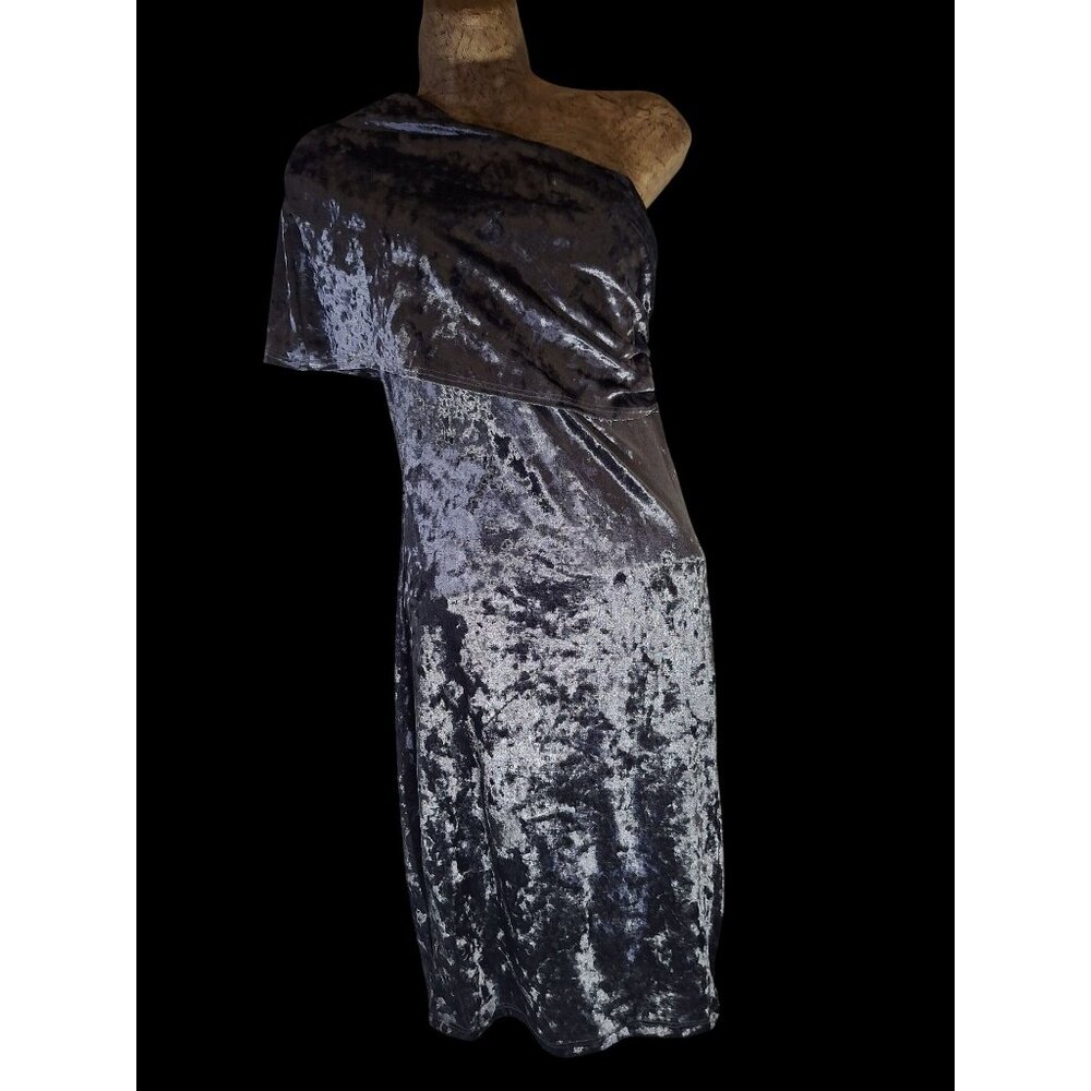 Vintage 90s Y2K One-Shoulder Gray Crushed Velvet Dress With Side Zipper Closure